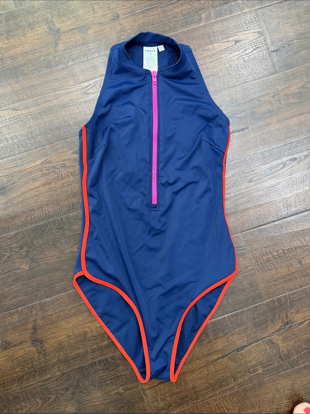 Boden Navy High-Neck One-Piece with Pink Front Zip and Red Trim 4